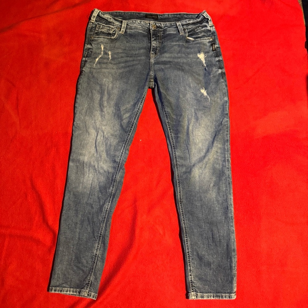 Women’s Blue Silver Jeans Co. Girlfriend Mid Rise Skinny Leg Jeans